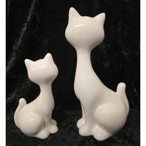 2 Ceramic LED Light-Up Cat 10" & 7" Figurines White Pink Details - Picture 6 of 7